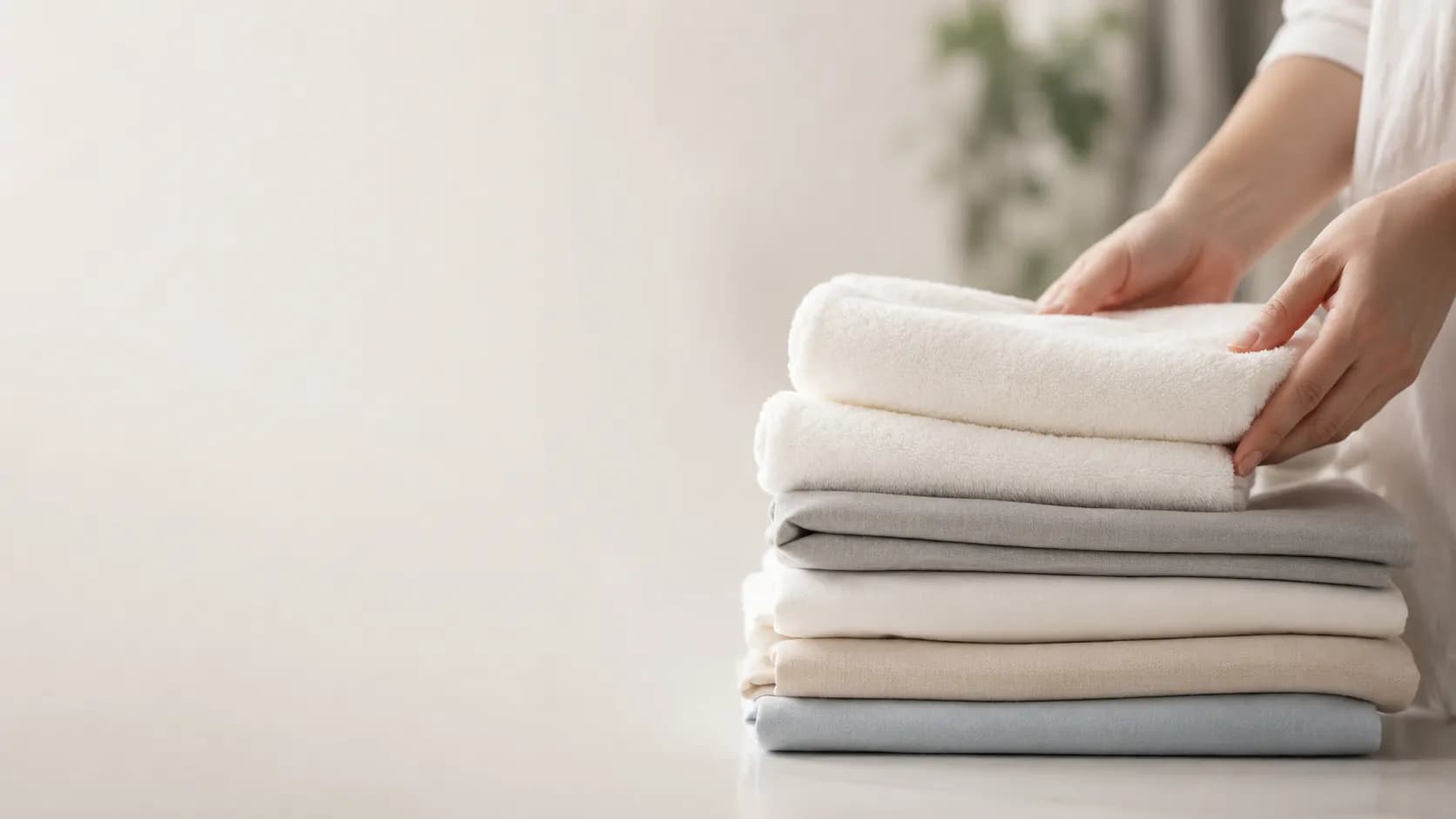 Hands placing a freshly laundered towel onto a neat folded stack
