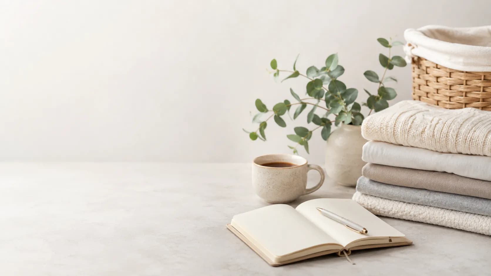 An open notebook and coffee beside folded laundry and greenery