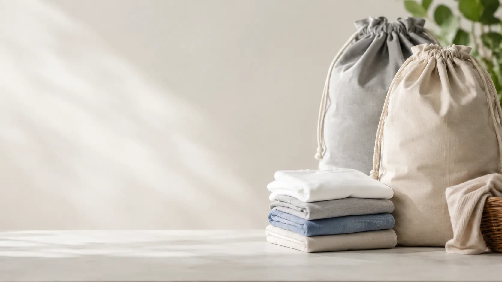 Reusable laundry bags and neatly folded laundry ready for regular collection