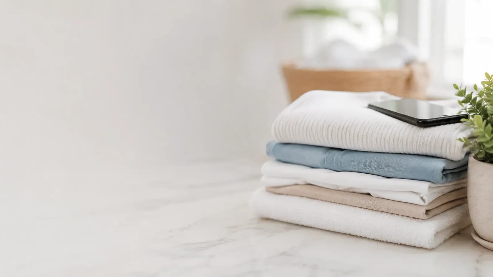 Folded fresh laundry on a bright marble counter